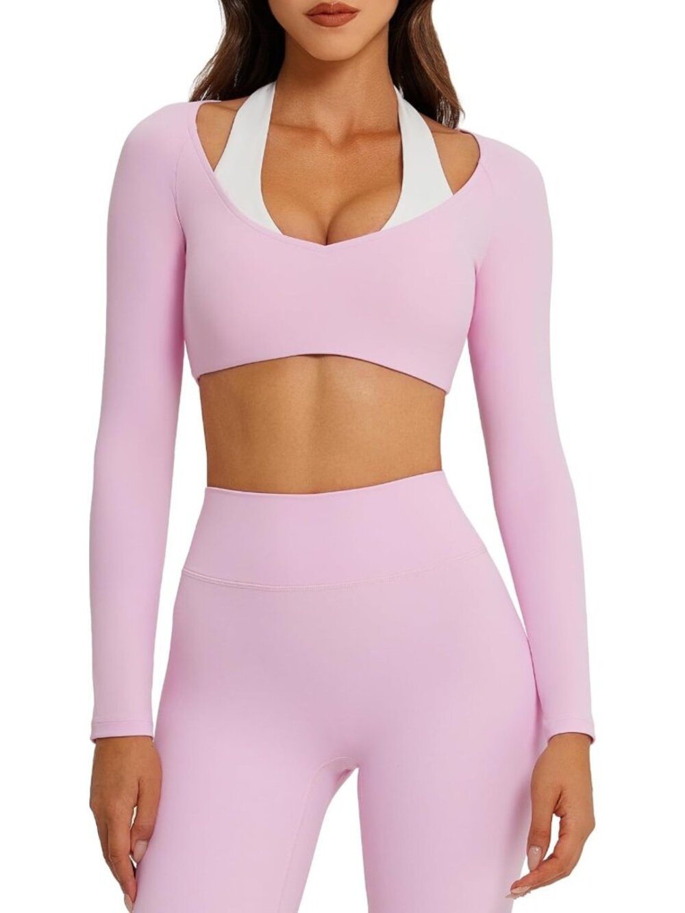 Layered Workout Set for Women - Cute Long Sleeve Crop Top & Leggings Gym Outfit